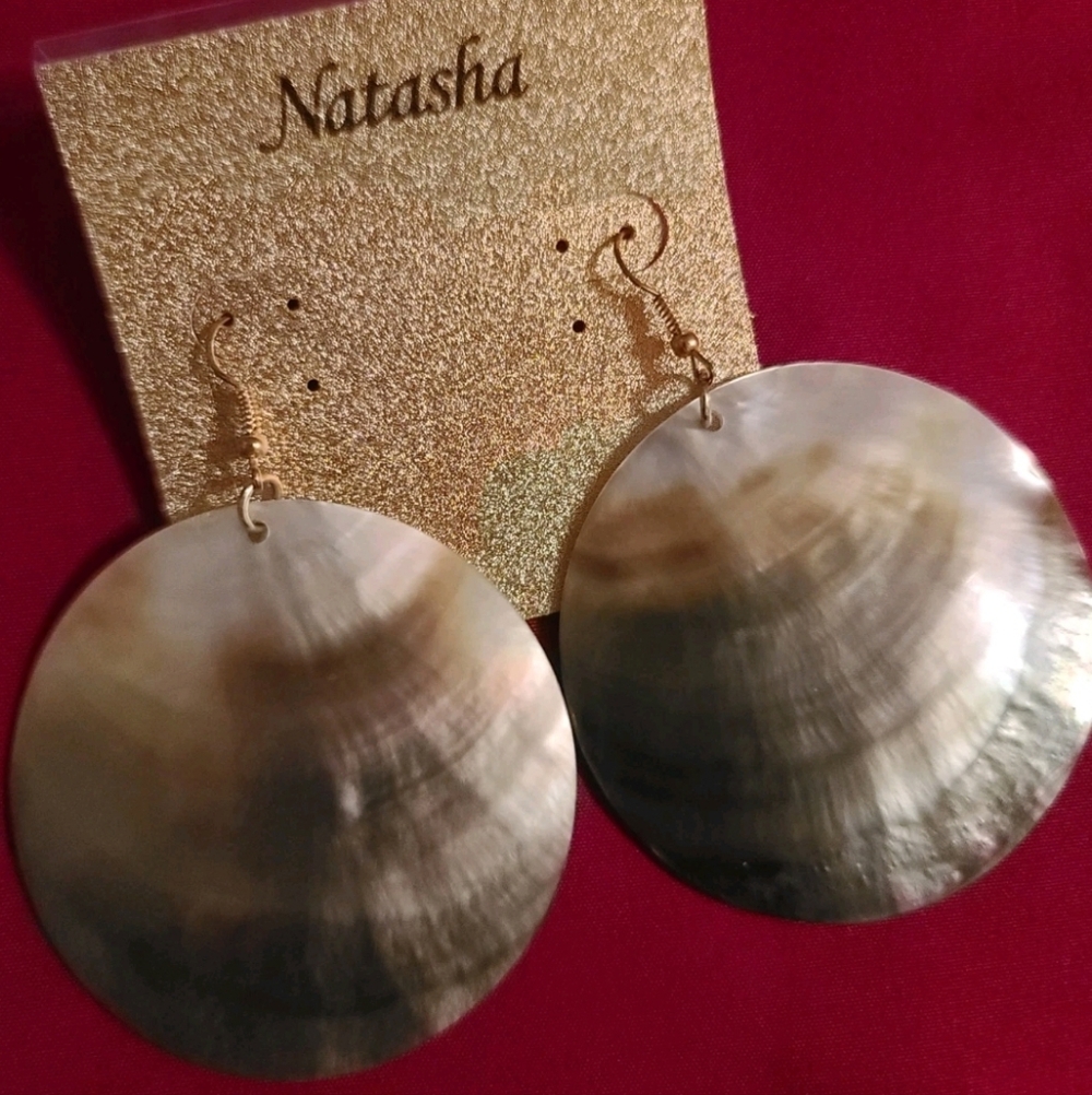 Natasha Abalone Lightweight   Large Iridescent Shell Disc Gold Hook Earrings NWT